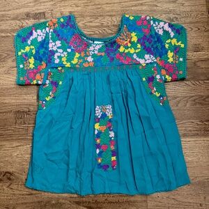 NWOT$88 J. Marie Floral Embroidered  Oaxaca, Boho Blouse Top Teal Blue, M Medium